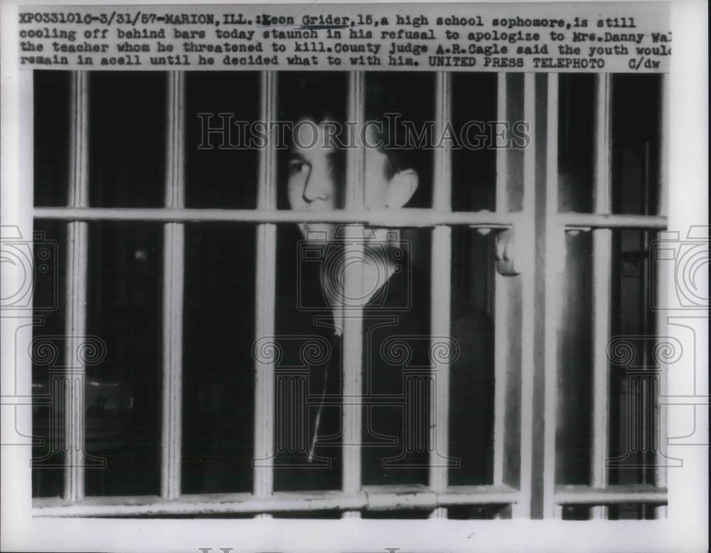 1957 Press Photo High School Sophomore Leon Grider In Marion IL Jail - neb99877 - Historic Images