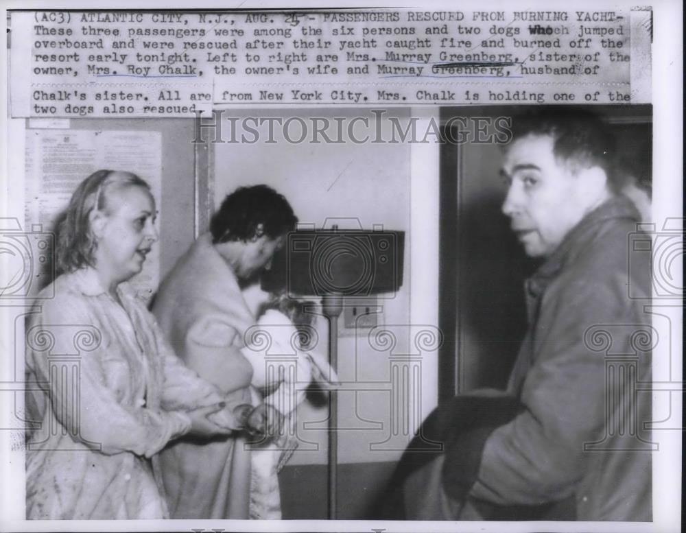 1957 Press Photo Atlantic City, NJ burned yacht rescues, Mrs Greenberg, Chalk - Historic Images