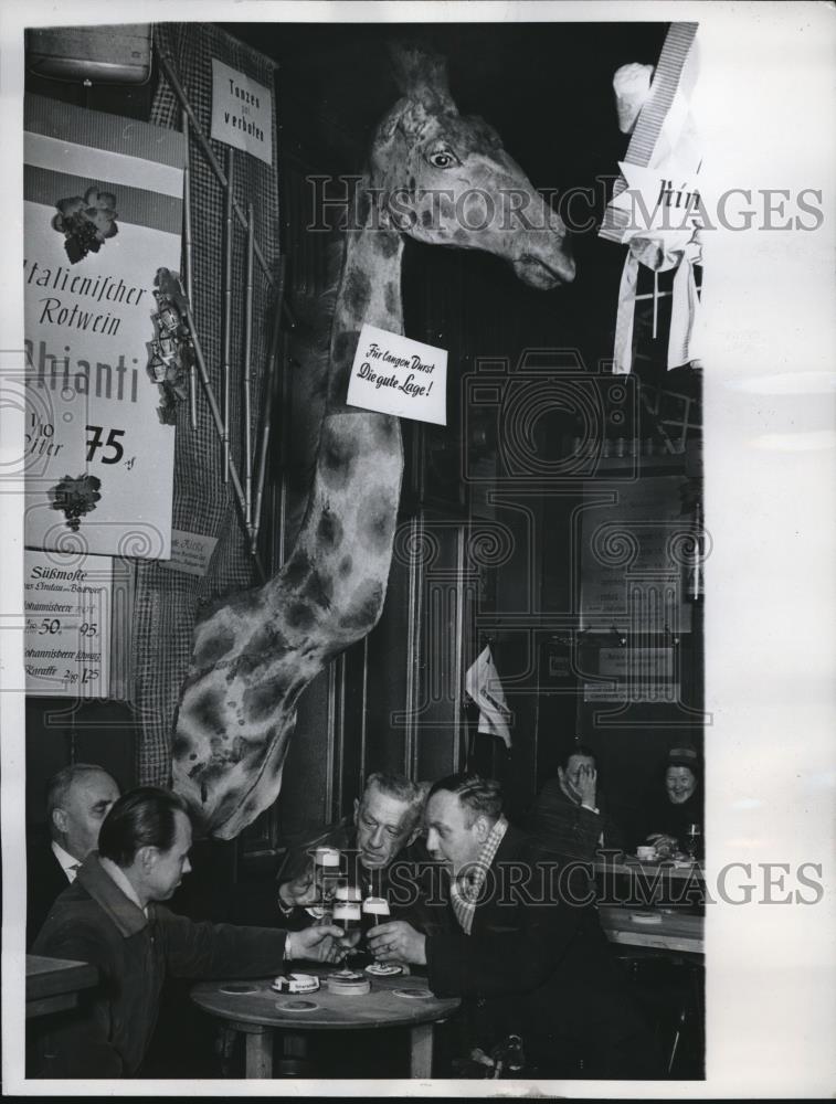 1961 Press Photo West Berlin, stuffed giraffe & patrons in a tavern - nec07985 - Historic Images