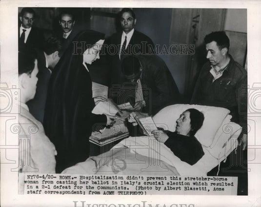 1948 Press Photo Lady Hospitalized Casts Ballot in Italy - nec08131 - Historic Images
