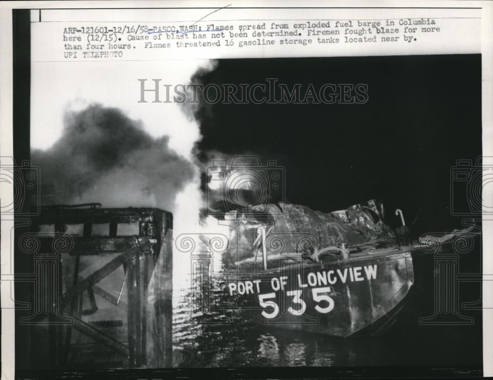 1958 Press Photo Flames Spread From Exploded Fuel Barge In Columbia - nec08636 - Historic Images