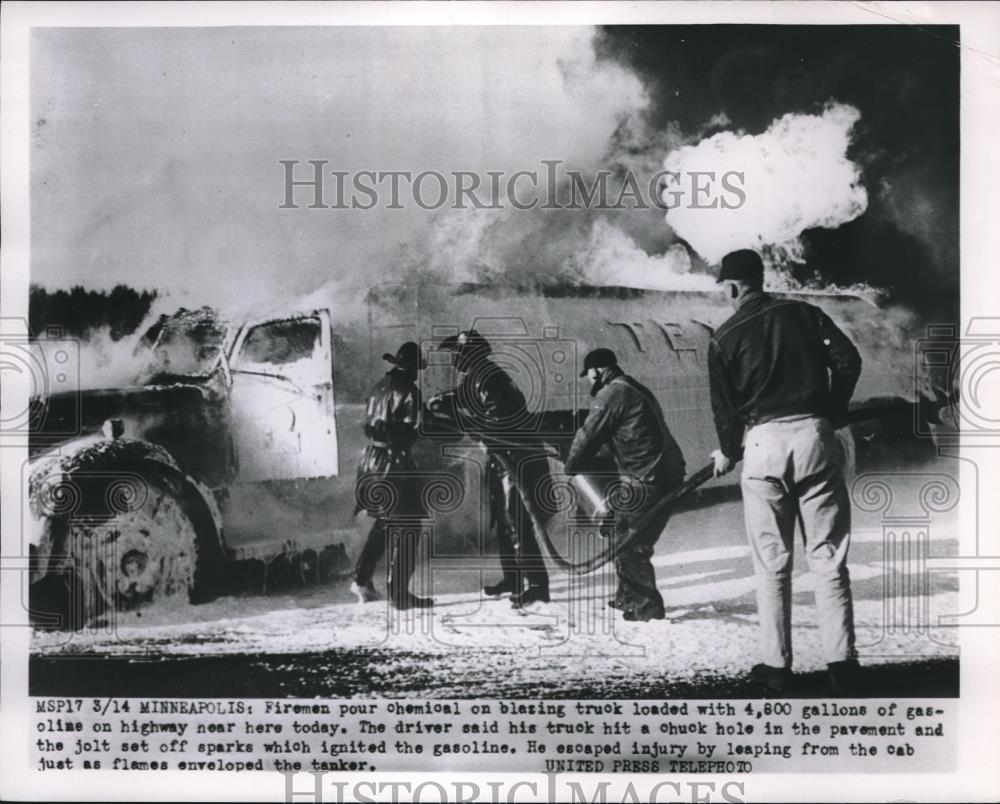 1952 Press Photo Minneapolis, Minn, firemen battle gas truck fire - nec07618 - Historic Images