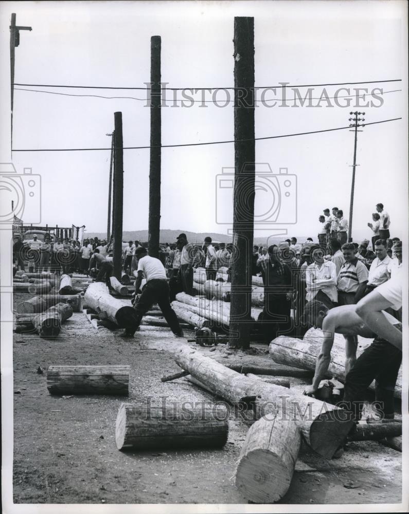 1959 Press Photo Woodsmen Compete In Log Cutting Contest - nec08380 - Historic Images