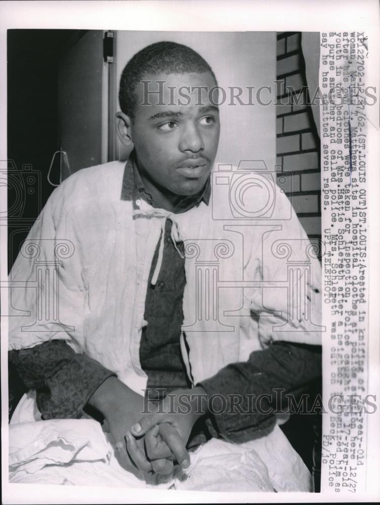 1962 Press Photo Arrested for Knifing 74 Year Old Woman Marvin T Matthews - Historic Images