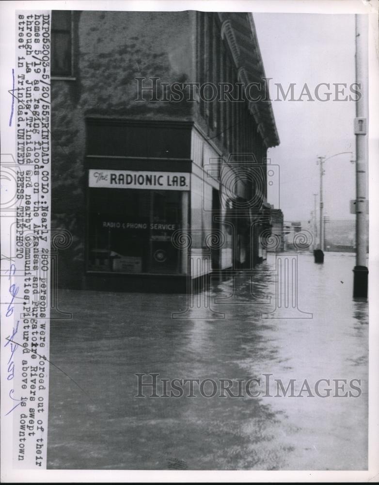 1955 Press Photo Trinidad, Colo. floodwaters of Ark &amp; Purgatory rivers - Historic Images