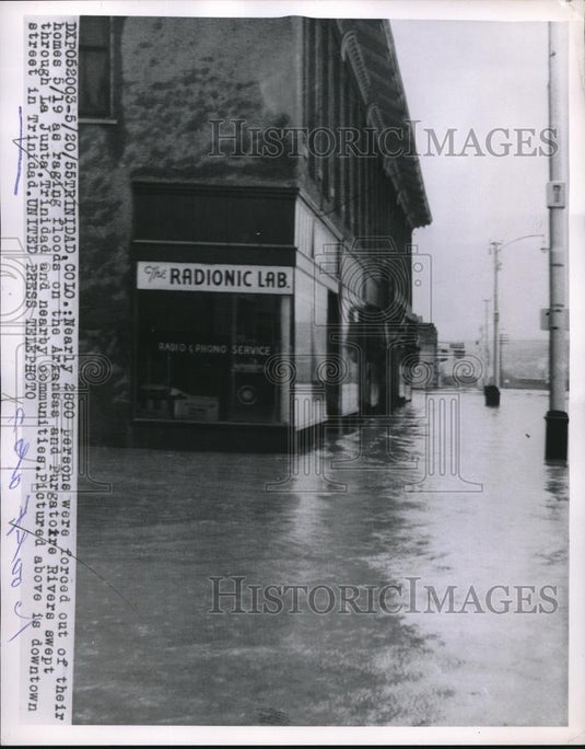 1955 Press Photo Trinidad, Colo. floodwaters of Ark & Purgatory rivers - Historic Images
