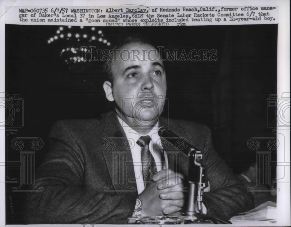 1957 Press Photo D.C. Albert Barclaynat Senate Labor Rackets Comm. - nec06233 - Historic Images