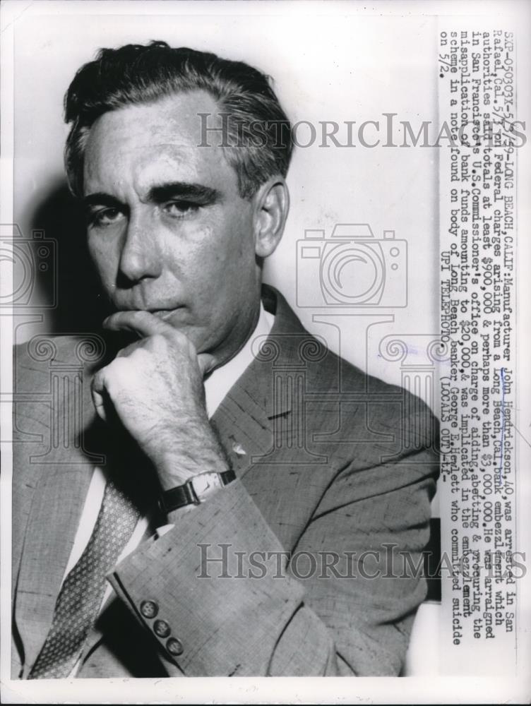 1959 Press Photo John Hendricksen Manufacturer Charged FBI Embezzlement - Historic Images