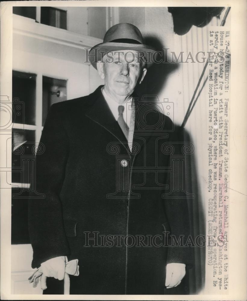 1949 Press Photo Secretary of State George Marshall At Harry Truman White House - Historic Images