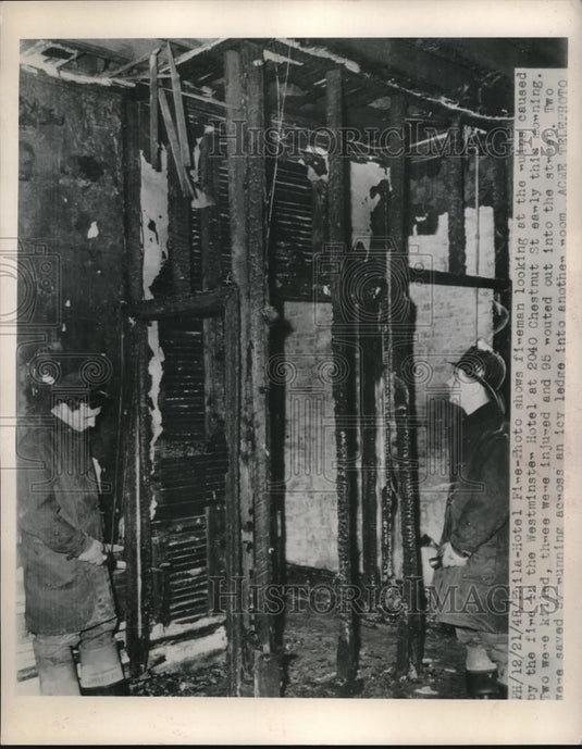 1948 Press Photo Young Firemen Inspect Burned Westminister Hotel in Philadelphia - Historic Images