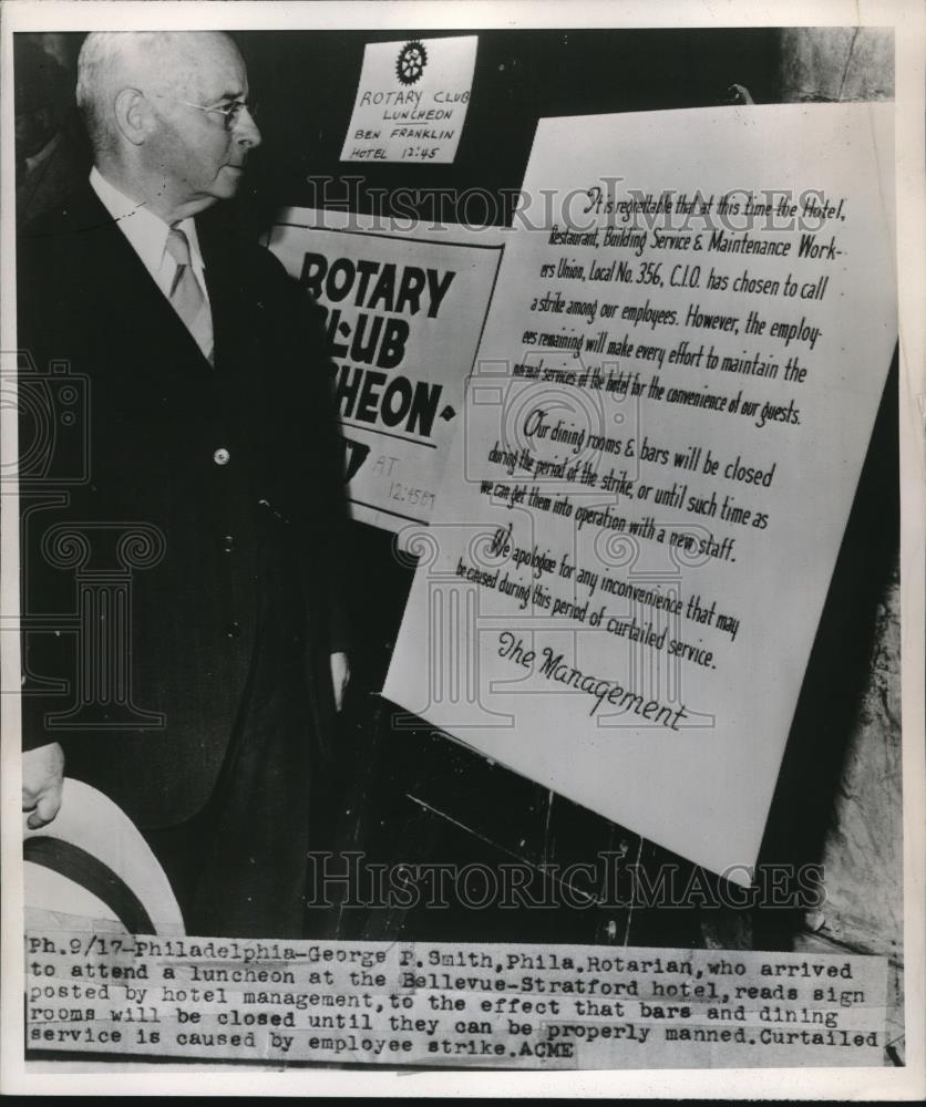 1947 Press Photo historian George P. Smith at Rotary lunch @ Bellevue-Stratford - Historic Images