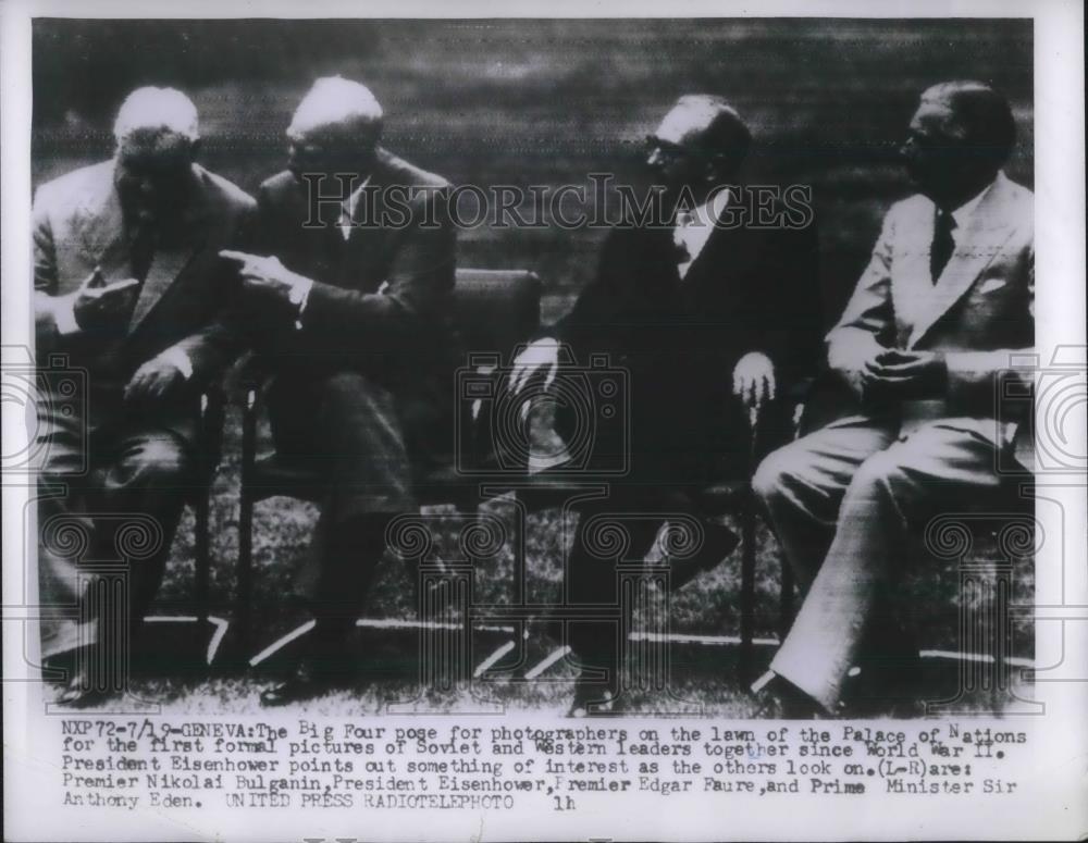 1955 Press Photo Big Four Bulganin Eissenhower Faure and Eden Palace of Nations - Historic Images