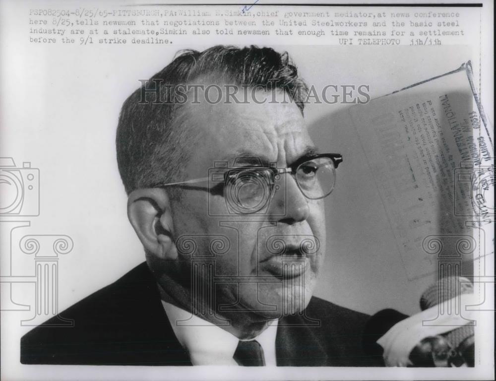 1965 Press Photo William Simkin Government Mediator Steelworker Press Conference - Historic Images