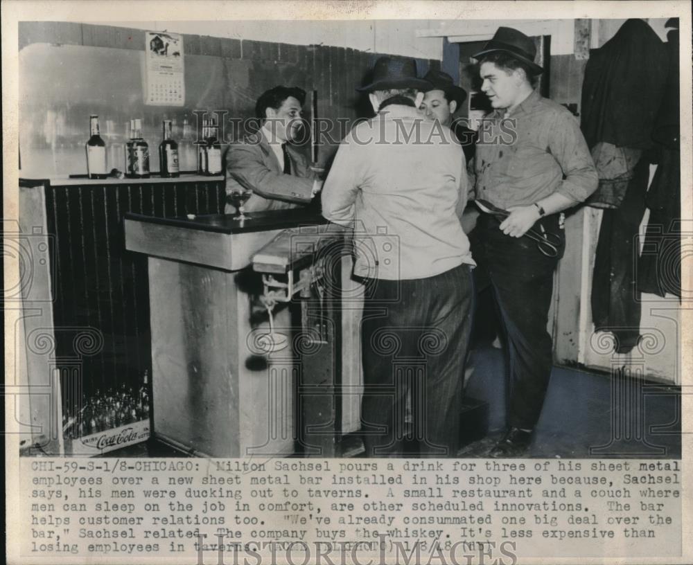 1948 Press Photo Milton Sachsel Pours a Drink For Sheet Metal Employees at Work - Historic Images
