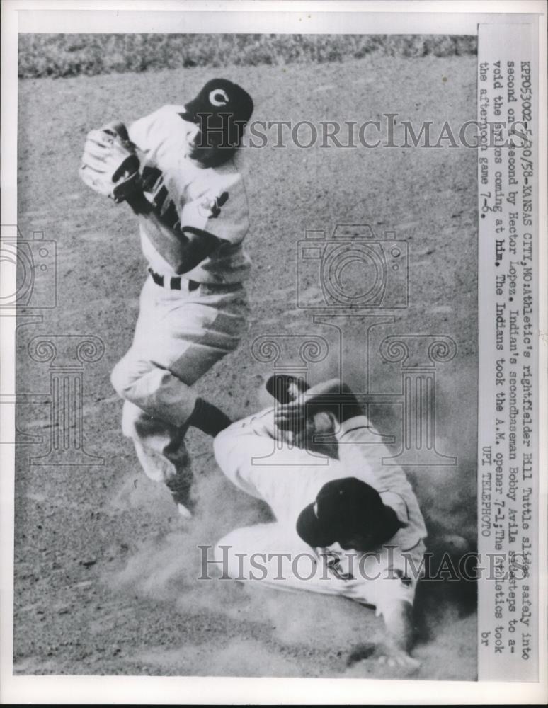 1958 Press Photo Bill Tuttle, Kansas City Athletics, Bobby Avila, Indians - Historic Images