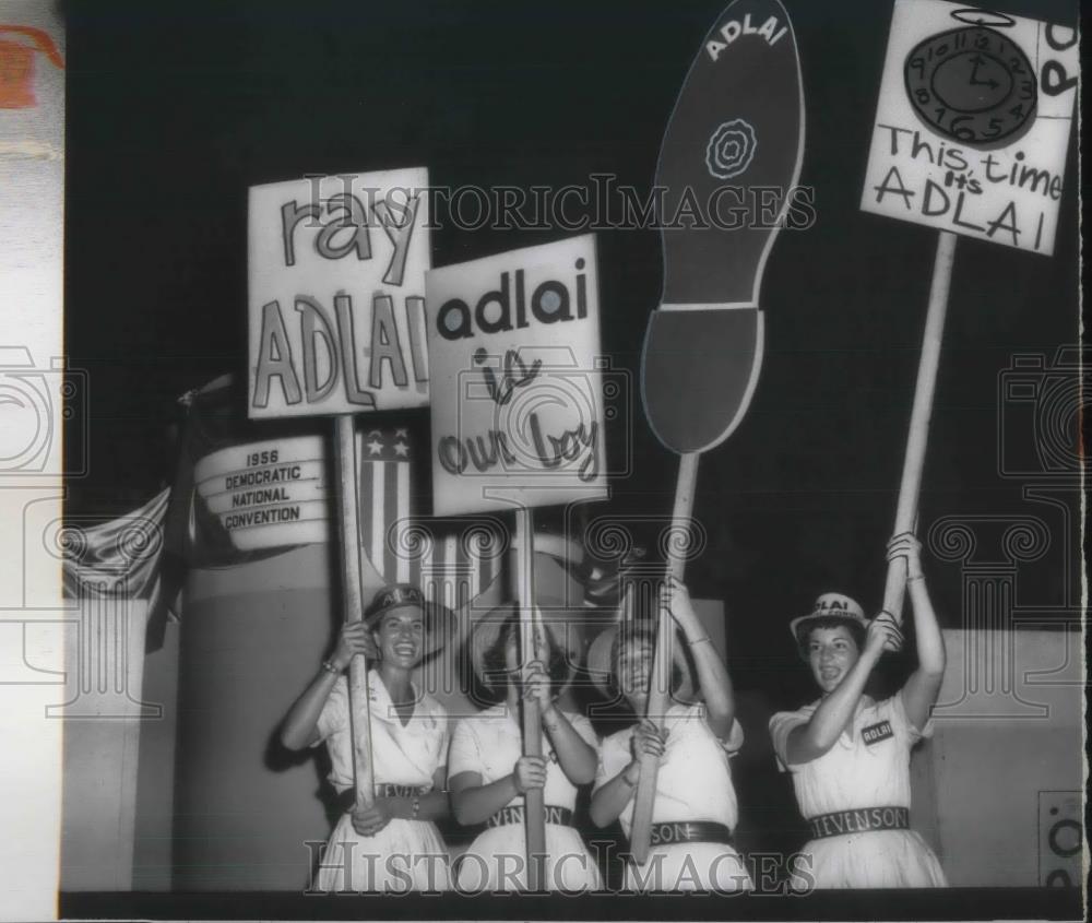 1956 Press Photo Stevenson girls parade for demonstration front of convention - Historic Images