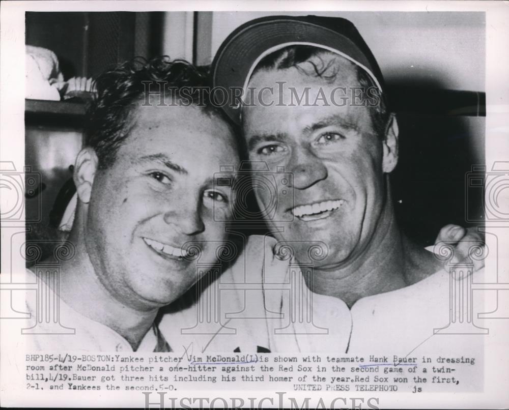 1954 Press Photo Jim McDonald, Hank Bauer, New York Yankees Vs. Boston Red Sox - Historic Images