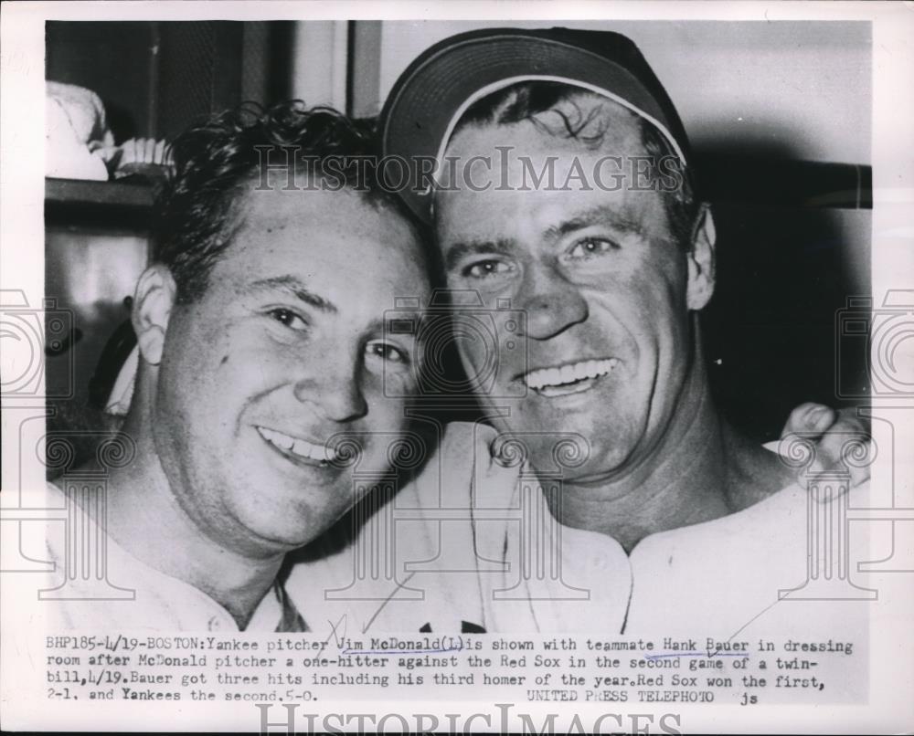 1954 Press Photo Jim McDonald, Hank Bauer, New York Yankees Vs. Boston Red Sox - Historic Images