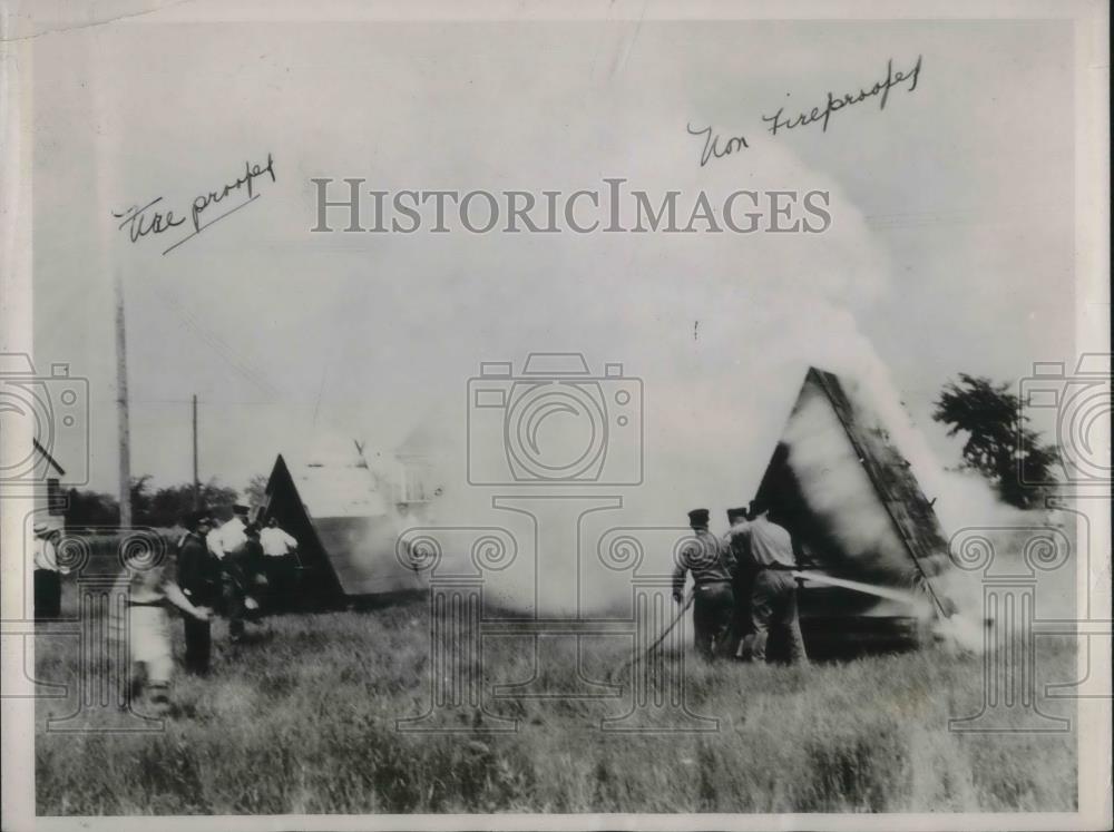 1937 Press Photo Testing Of Fireproof House Wares In Field - nec28370 - Historic Images