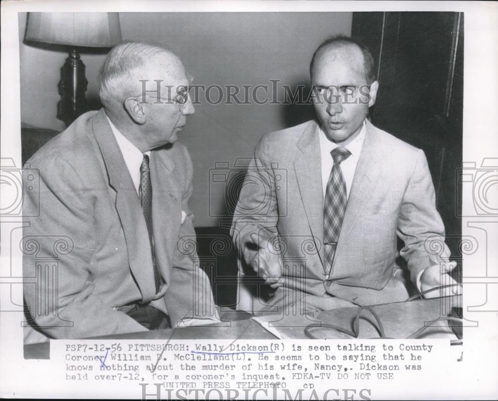 1956 Press Photo Wally Dickson Talks To Coroner About Murder Of His Wife Nancy - Historic Images