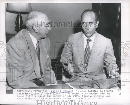 1956 Press Photo Wally Dickson Talks To Coroner About Murder Of His Wife Nancy - Historic Images