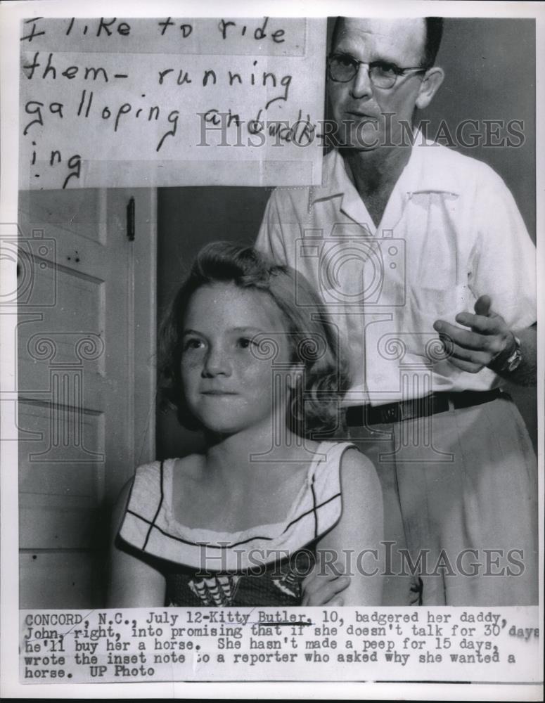 1957 Press Photo Kitty Butler promises to stay silent for 30 days to get a horse - Historic Images