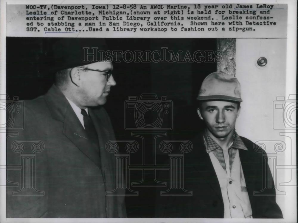 1958 Press Photo AWOL Marine James LeRoy Leslie breaks into Davenport Library - Historic Images