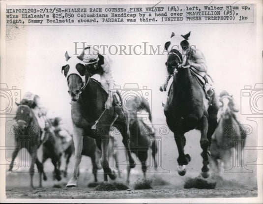 1958 Press Photo Walter Blum on Pink Velvet Wins Columbiana Handicap, Hialeah - Historic Images