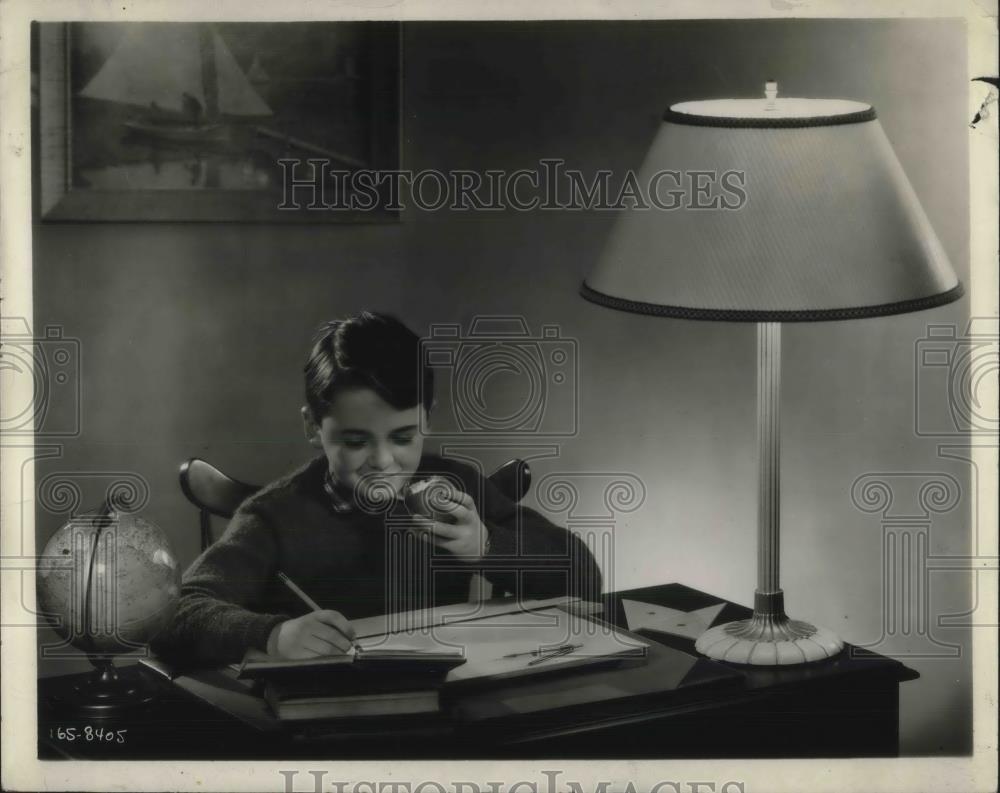 1942 Press Photo Clean Cut Little Boy Studies At His Desk - nec28520 - Historic Images