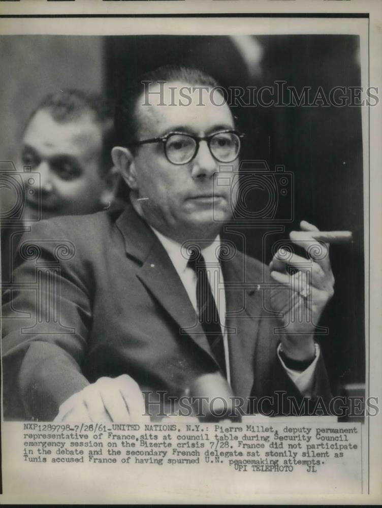 1961 Press Photo Pierre Millet sits at council table during Security Council - Historic Images