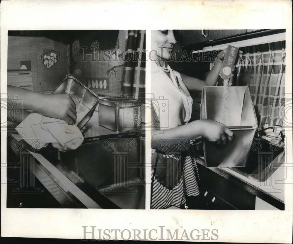 1962 Press Photo Woman Cleaning Kitchen Accessories - nec39836 - Historic Images