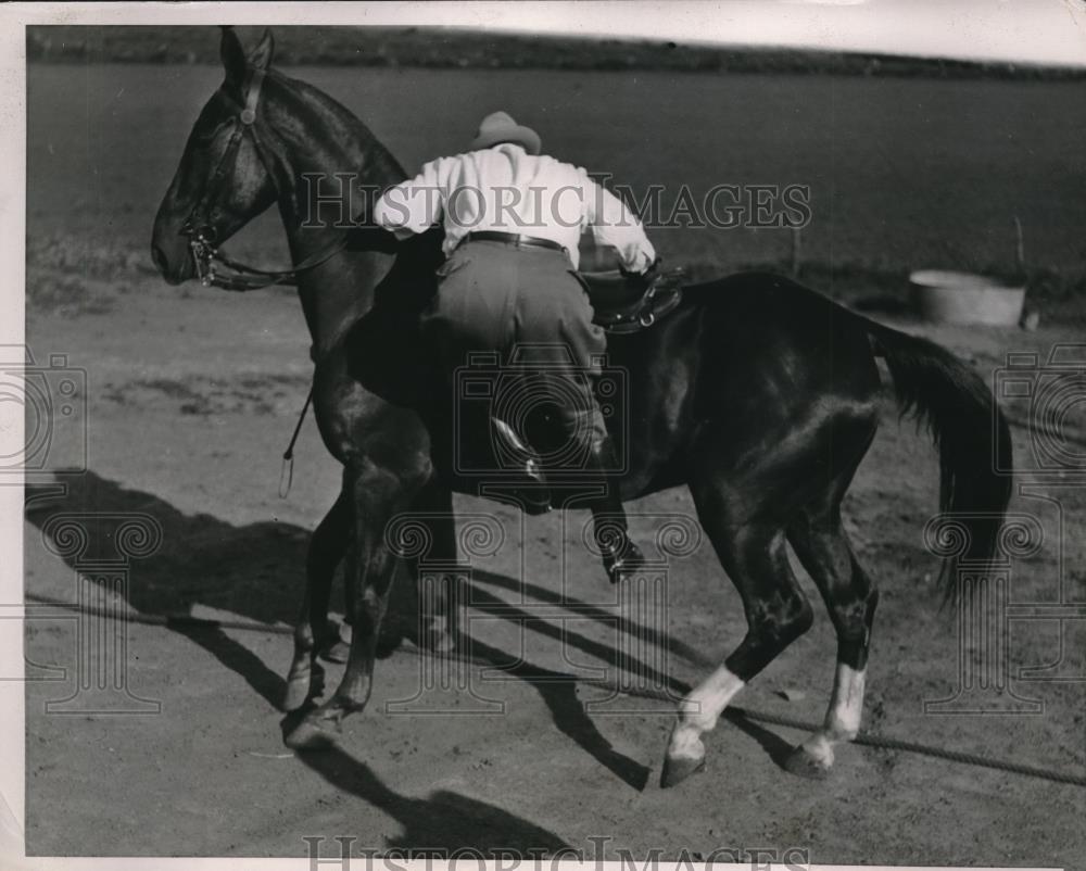 1936 Press Photo Gov. Alf M. Landon of Kansas takes a ride on his horse, Sye. - Historic Images