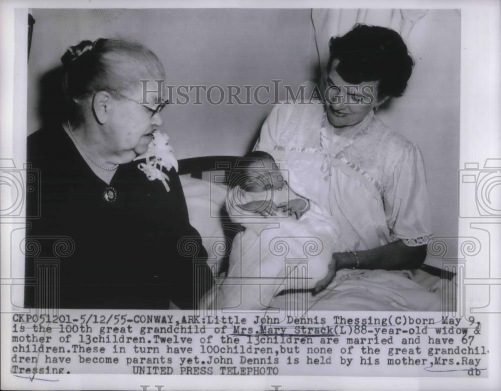 1955 Press Photo John Dennis Thessing 100th grandchild of Mrs Mary Strack - Historic Images