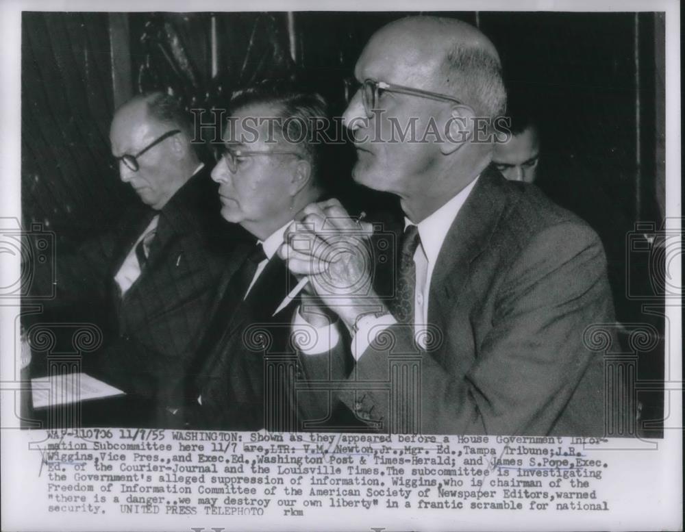 1955 Press Photo V.M. Newton, Ed Tribune, J.R. Wiggins, James S. Pope government - Historic Images