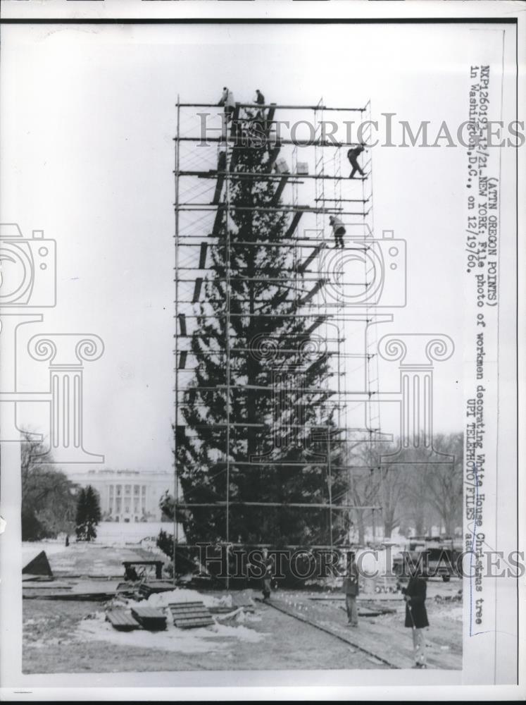 1960 Press Photo Workers Decorate White House Christmas Tree, Washington, DC - Historic Images