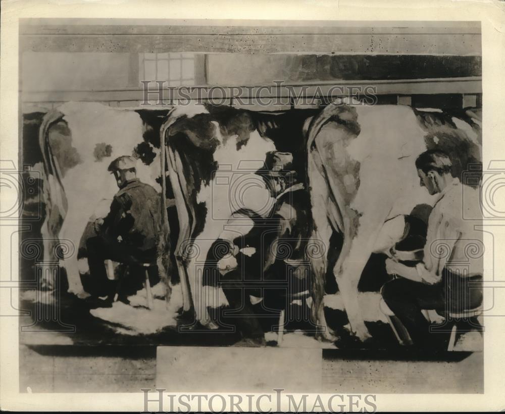 1929 Press Photo Cows being milked by hand on a farm - Historic Images
