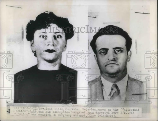 1949 Press Photo Vehan Rejebian & Margaret Krug Arrested In Miami - Historic Images