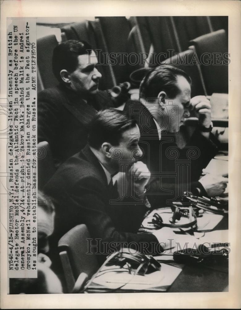 1949 Press Photo Russian delegaters listen to Hector McNiel defend Atlantic Pact - Historic Images