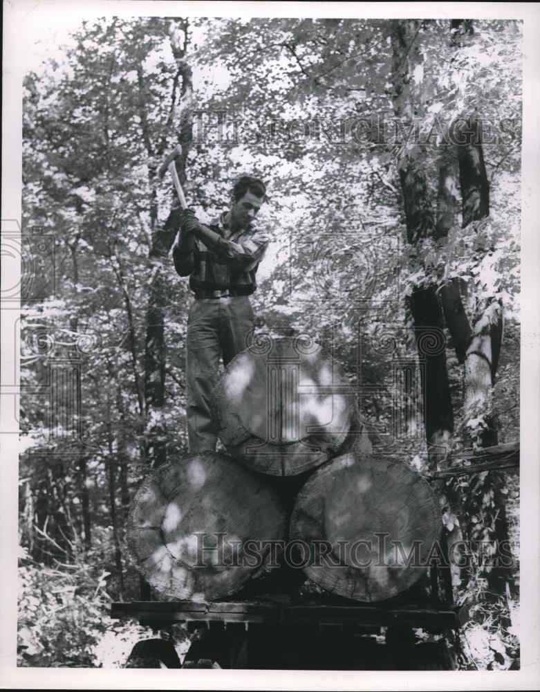 1957 Press Photo Richard Farinacci working at the Little Mountain lumber camp - Historic Images