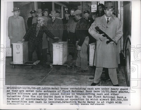 1955 Press Photo Entrance of First National Bank shows Metal boxes guarded - Historic Images