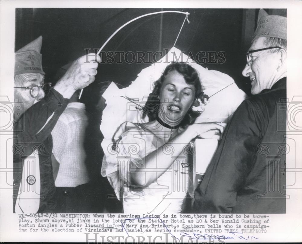 1956 Press Photo American Legionnaires Play Naughty Trick On Southern Belle - Historic Images