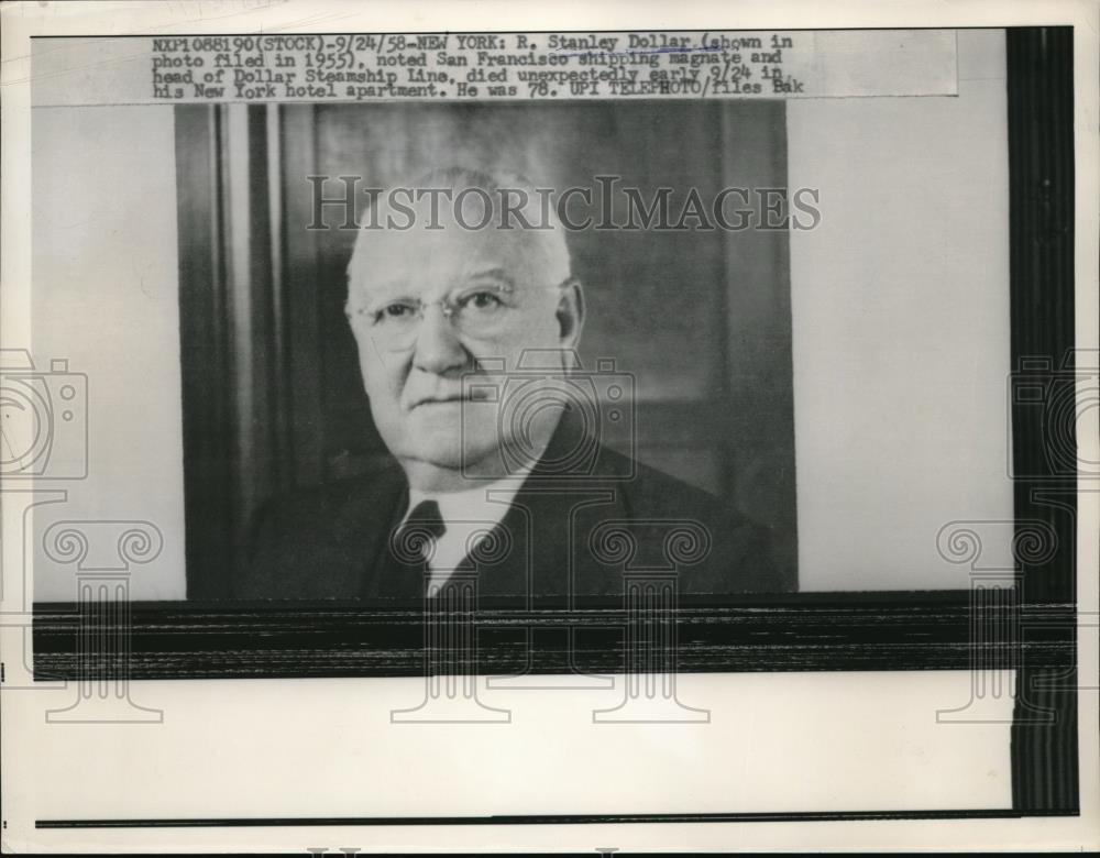 1958 Press Photo R. Stanley Dollar Noted San Francisco Shipping Magnate New York - Historic Images