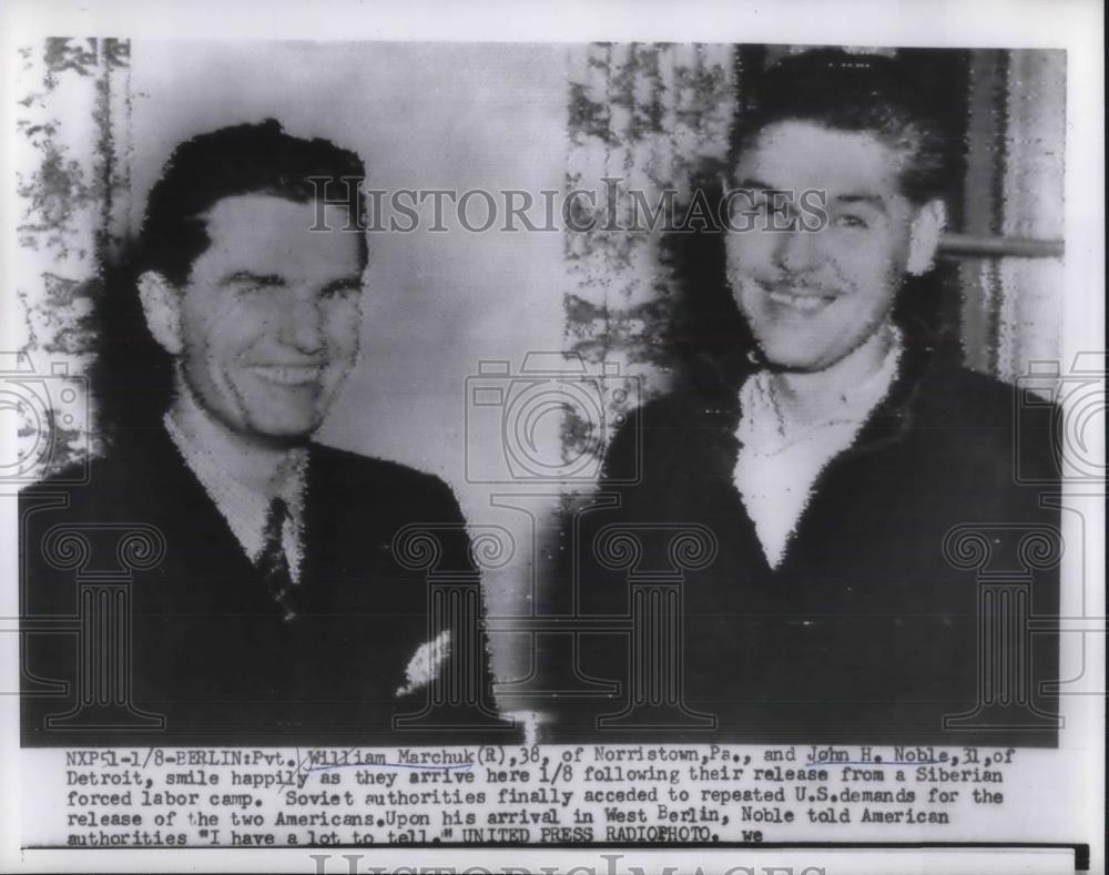 1955 Press Photo Pvt. William Marchuk &amp; John Noble after their release from - Historic Images