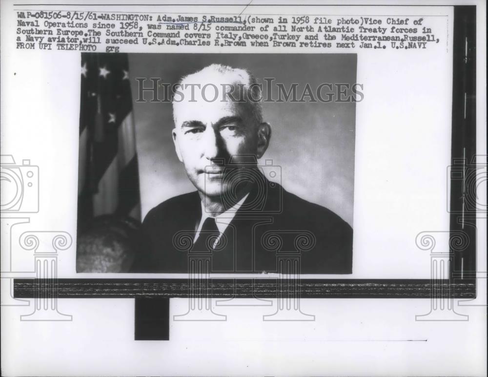 1961 Press Photo D.C. Adm. James S. Russell in 1958 photo - Historic Images