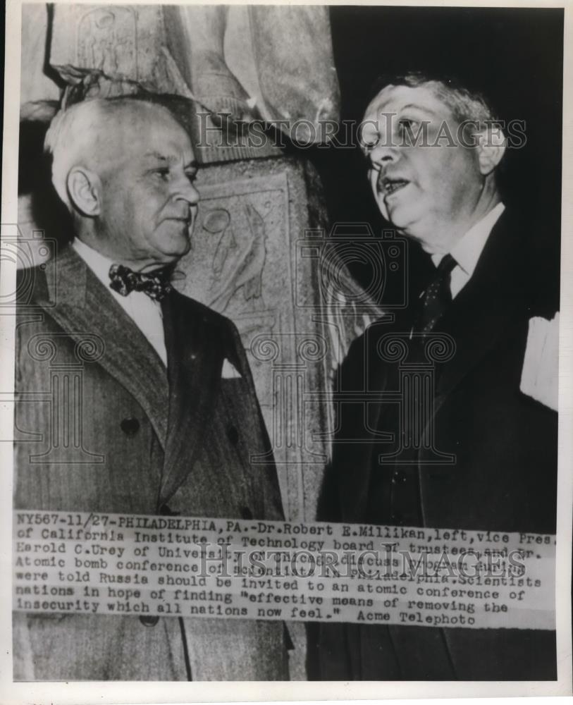 1945 Press Photo Dr. Robert Milliken And Harold Urey At Talk Atomic Bombs - Historic Images