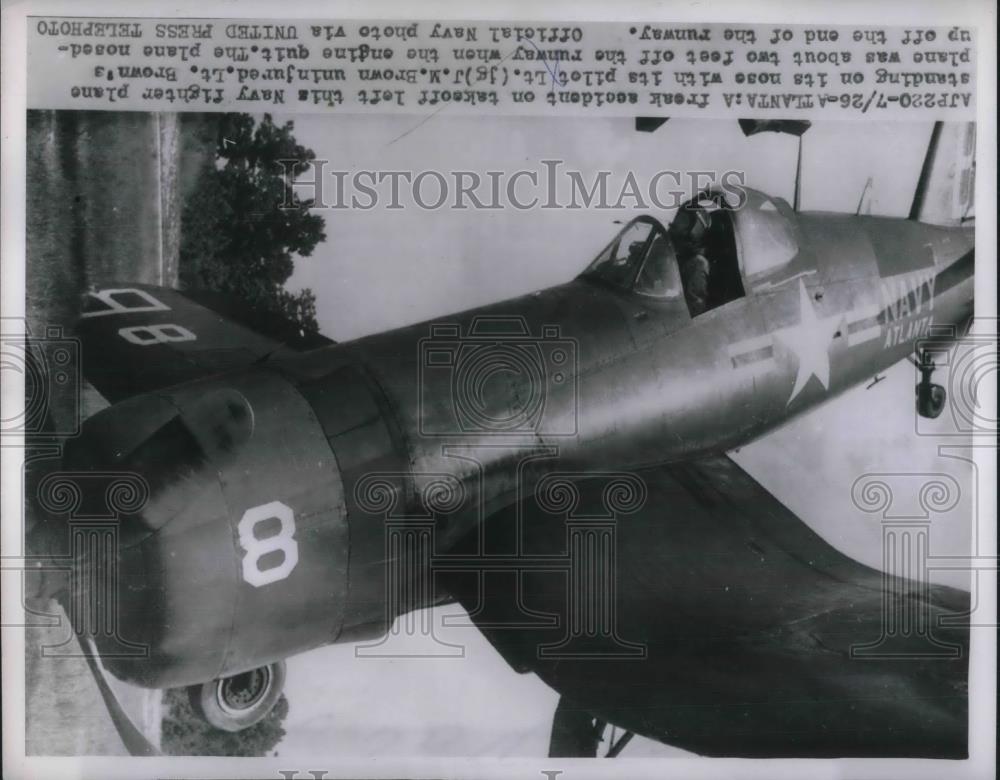 1954 Press Photo Freak accident on takeoff w/ uninjured pilot Lt J.M. Brown - Historic Images