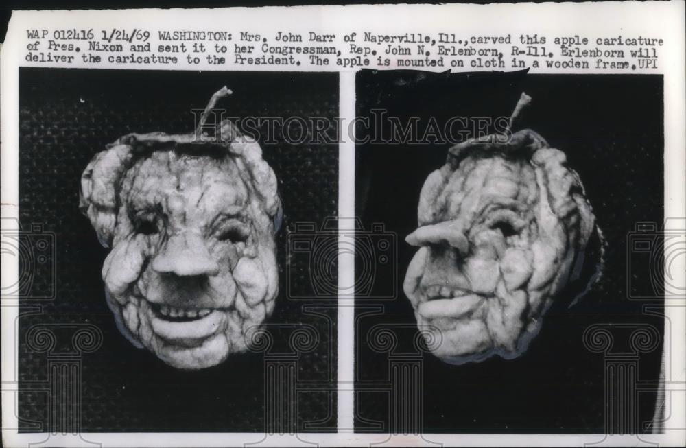 1969 Press Photo Mrs. John Darr Carved Intricate Apple Charicature Of Prez Nixon - Historic Images