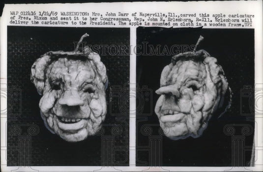 1969 Press Photo Mrs. John Darr Carved Intricate Apple Charicature Of Prez Nixon - Historic Images