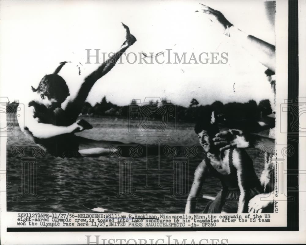 1956 Press Photo Olympic Crew Coxswain R. BeckleanTossed In Lake After Race - Historic Images