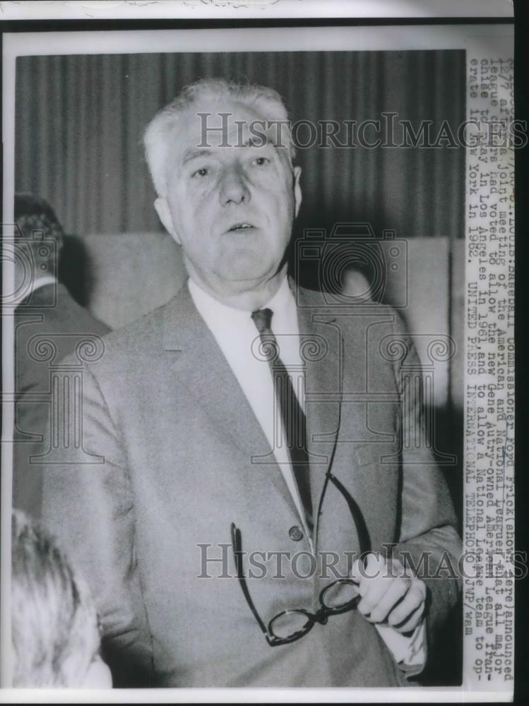 1961 Press Photo St Louis Ford Frick, Baseball Commissioner - nec48996 - Historic Images